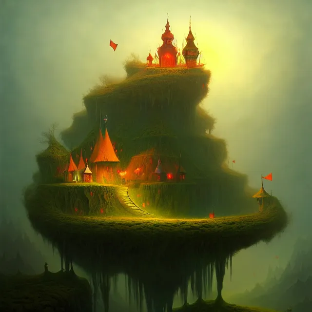 Image similar to a beautiful dark acrylic painting of a dark fantasy land by Raja Ravi Varma and Gediminas Pranckevicius, trending on ArtStation.