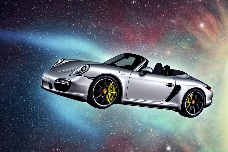 Image similar to porsche speedster as a spaceship traveling through a wormhole into another dimension. photorealistic 35mm 4k nasa