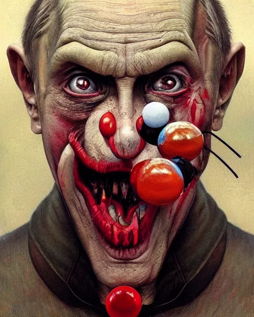Prompt: photorealistic portrait photograph of vladimir putin as a pathetic goblinoid demon clown, kobold, upper body, fantasy, bloody, depth of field, soft focus, highly detailed, intricate, realistic, national geographic cover, soft glow, textured, artstation, sharp focus, illustration, art by artgerm and greg rutkowski and alphonse mucha