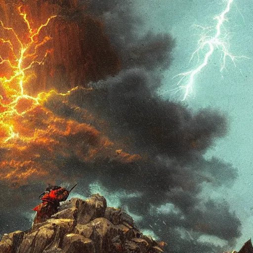 Prompt: UHD Closeup of constipated Samurai in a cosmic lightning storm on top of a mountain, painted in the style of Greg Rutkowski, Ferdinand Knab, and Todd McFarlane