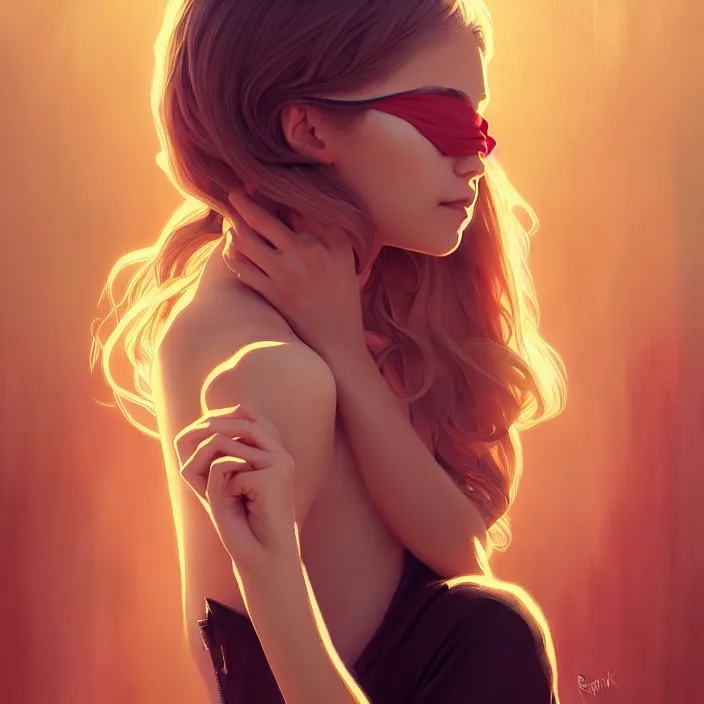 Prompt: blindfold handsome young women with shoulder length blonde hair, symmetrical, half body shot, path traced, highly detailed, high quality, digital painting, alena aenami, lilia alvarado, shinji aramaki, karol bak, alphonse mucha, tom bagshaw