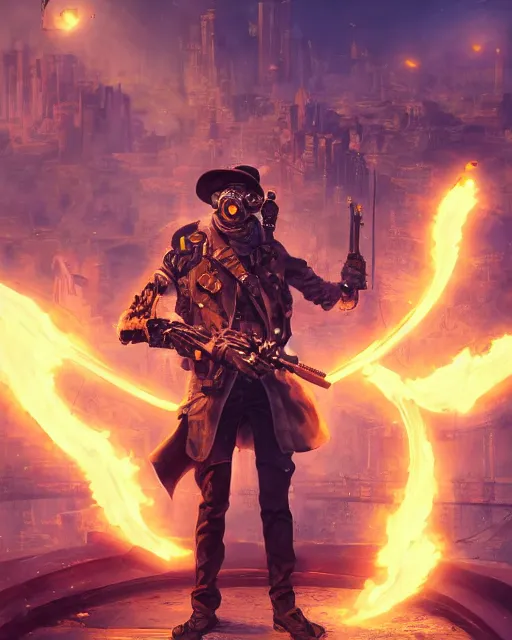 Image similar to oil painting of Anthropomorphized Owl Sniper, holding steampunk gun, sharp focus, exploding golden steampunk city background, full body, heroic pose, fantasy style, octane render, volumetric lighting, 8k high definition, by greg rutkowski, highly detailed, trending on art Station, magic the gathering artwork, centered, dramatic artwork, combat scene