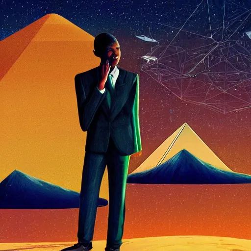 Image similar to a young thoughtful black man in a designer suit making a fingers tented gesture, on cosmic cloudscape with flying pyramids in the background, italian futurism, Dan Mumford, da vinci, Josan Gonzalez