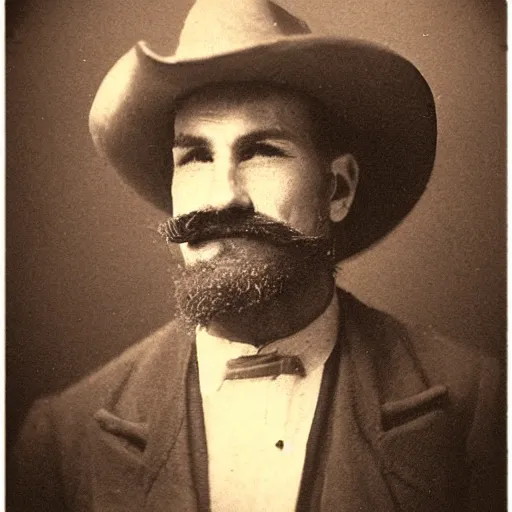 Image similar to A photograph portrait of Jerma985 as a cowboy with a pyramidal mustache in the late 1800s, taken in the late 1800s, 1870s, grainy, taken on a Field View Camera, realistic, hyperrealistic, very realistic, highly detailed, very detailed, extremely detailed, detailed, digital art, trending on artstation