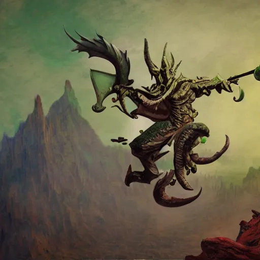 Image similar to Dragorborn bard with green scales, matte painting, Dali, Monet, dungeons and dragons