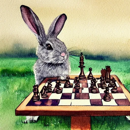 Prompt: first person view, playing chess against a rabbit, watercolour realism