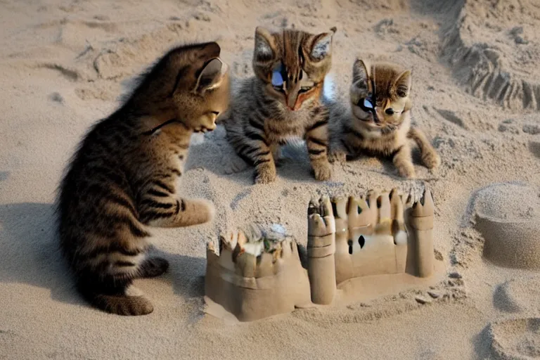 Image similar to two kittens touching a sand castle with two children