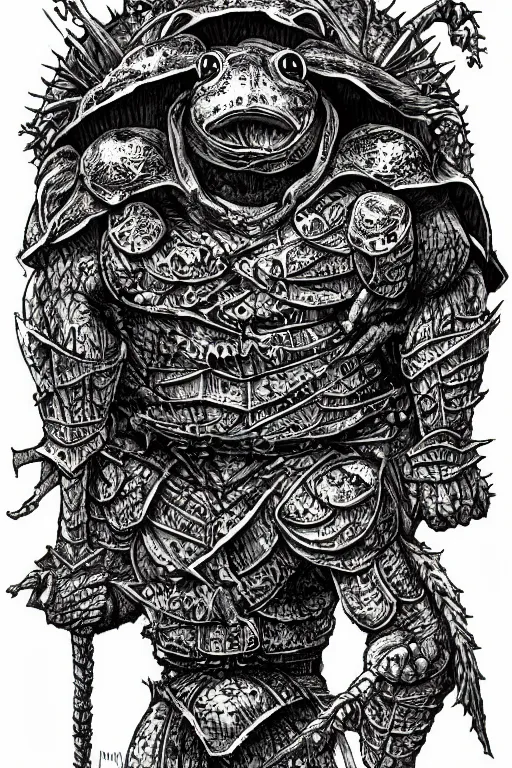 Image similar to humanoid frog warrior, wearing armour, swamp, symmetrical, highly detailed, digital art, sharp focus, trending on art station, kentaro miura manga art style