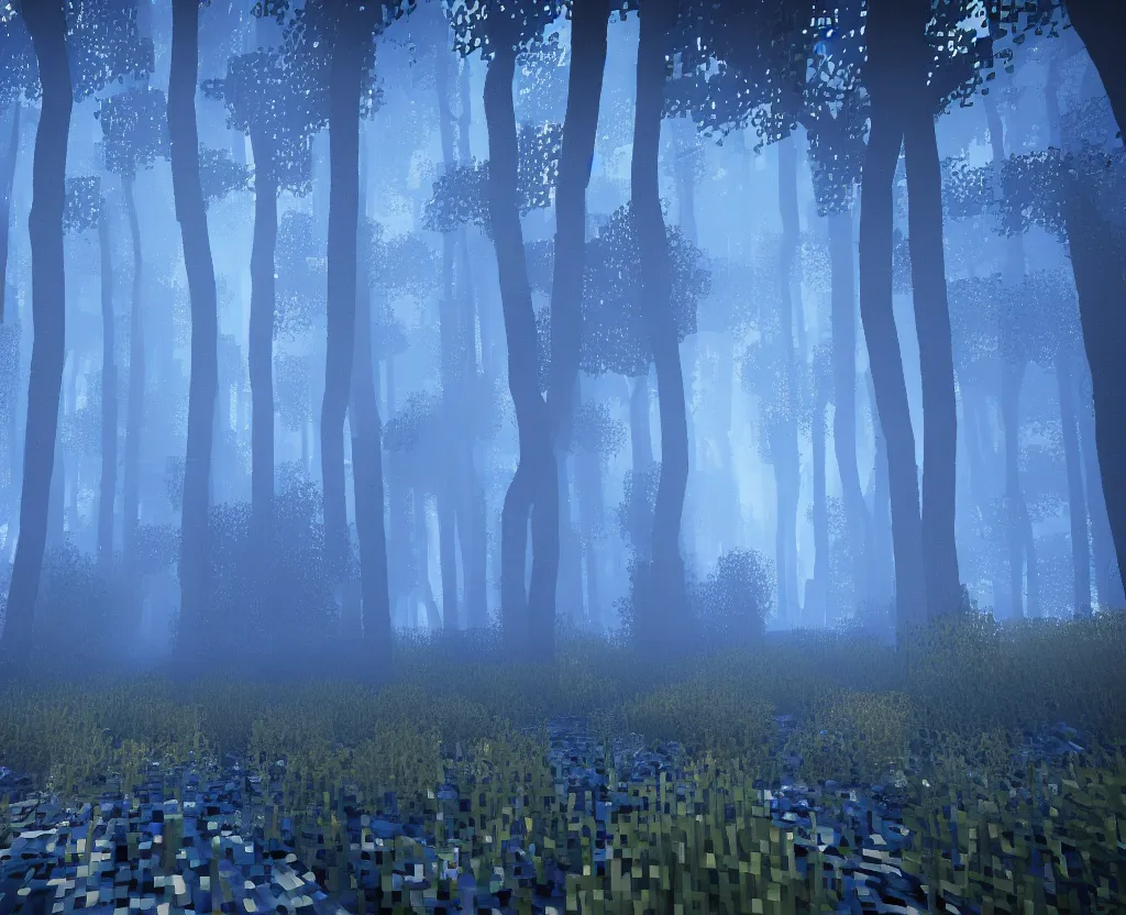 Image similar to blue forest, glowing, minecraft screenshot, raytracing, shader, digital art, highly detailed, artstation, octane render