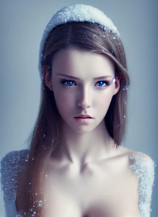 Prompt: a gorgeous female photo, professionally retouched, soft lighting, realistic, smooth face, full body shot, torso, dress, perfect eyes, wide angle, sharp focus on eyes, 8 k high definition, insanely detailed, intricate, elegant, art by marc hill and artgerm and johannes wessermark, snowy winter