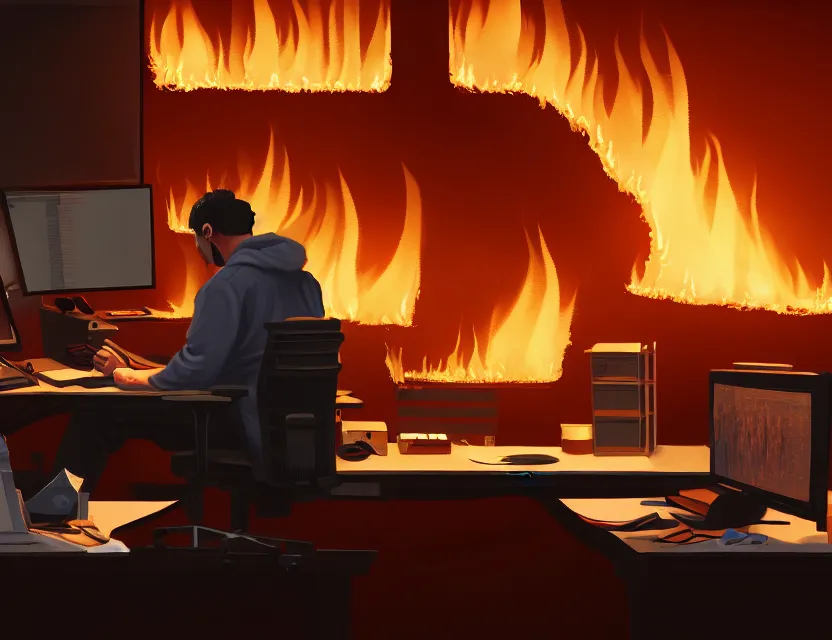 Image similar to a man works at a workstation in a very big office with burning fires, close up, featured in artstation, intricate, ultra detailed, unreal engine, concept art, wide - angle lens, sharp focus, illustration, 8 k