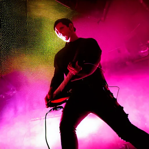 Prompt: Vivid Trent Reznor smashing guitars, group of people on stage playing instruments, elaborate stage effects, dust, smoke, giant LED screens, colored projections, ultrafine detail, cybersuit, glowing thin wires, smoke, high contrast, projections, holography, volumetric lighting