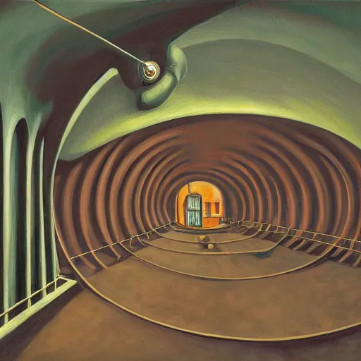 Prompt: 3 d cutaway view of a cardiovascular network of tunnels connecting round concrete domiciles, by grant wood, pj crook, edward hopper, oil on canvas