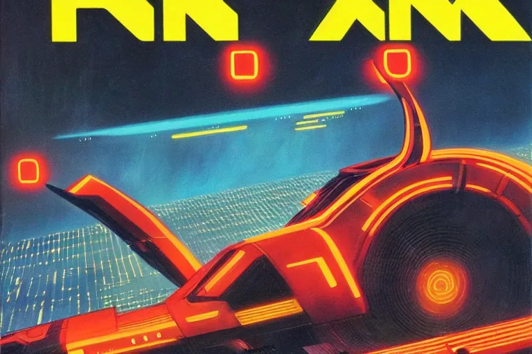 Prompt: 1979 OMNI Magazine Cover of a the box art of Tron. in cyberpunk style by Vincent Di Fate