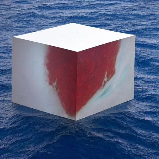 Image similar to a cube in the middle of the sea with images of a tumultuous sea on its sides. in the style of Richard Serra