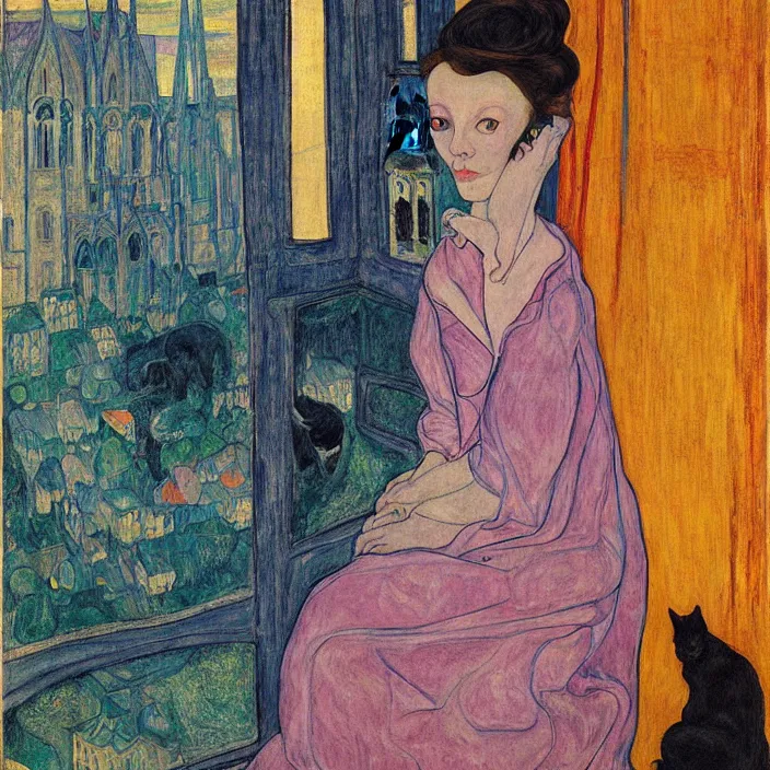 Prompt: close portrait of woman in transparent vaporous night gown with cat, with city with gothic cathedral seen from a window frame with curtains. autumn light, vivid iridescent psychedelic colors. munch, egon schiele, henri de toulouse - lautrec, utamaro, monet, agnes pelton, lucas cranach