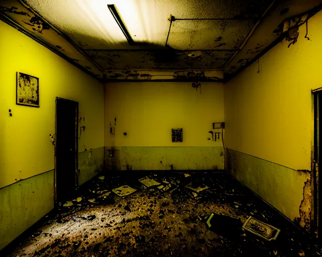 Image similar to the backrooms, the eerie forlorn atmosphere of a place that's usually bustling with people but is now abandoned and quiet, walls with tone of yellow, buzzing fluorescent lights, unsettling images