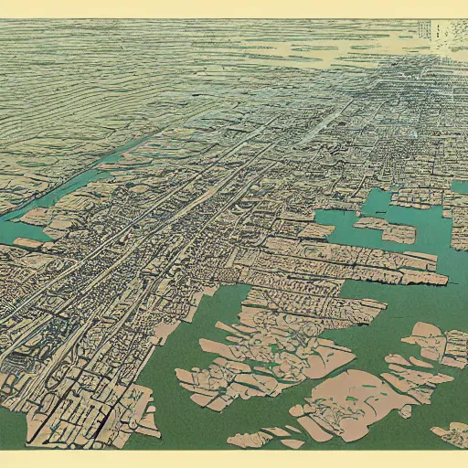 Prompt: flooded american city large detailed illustration by moebius