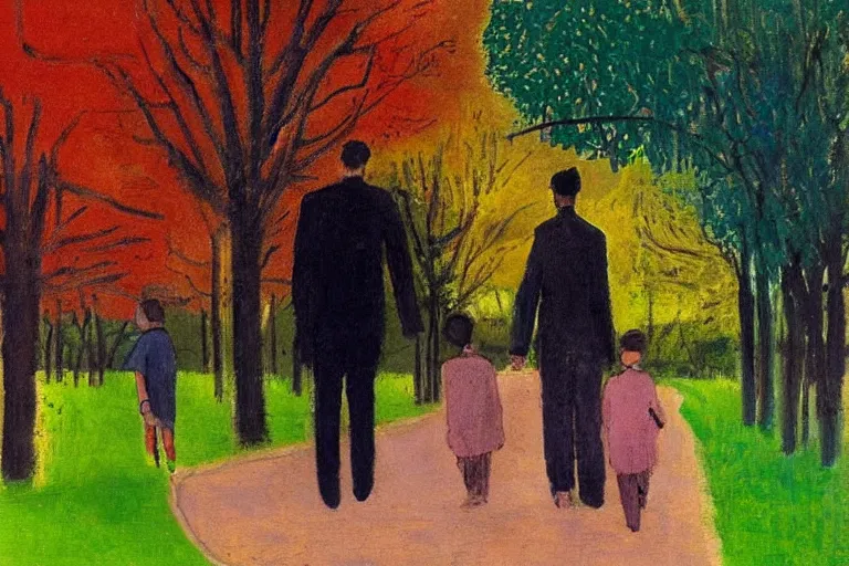 Image similar to a very tall man with dark hair holding the hands of a short young boy with dark hair as they walk down a suburban highway on a bright beautiful colorful day. part in the style of an edgar degas painting. part in the style of david hockney