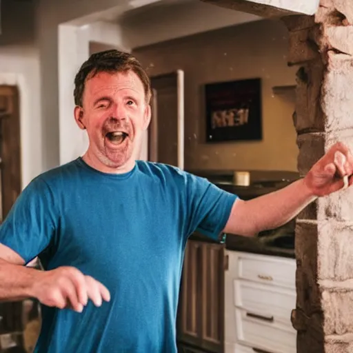 Image similar to a middle aged irish / english man with brown hair, red cheeks, clean shaven, and wearing shorts and a dark blue t - shirt, dancing animatedly like a chicken in the kitchen. he has brown medium hair