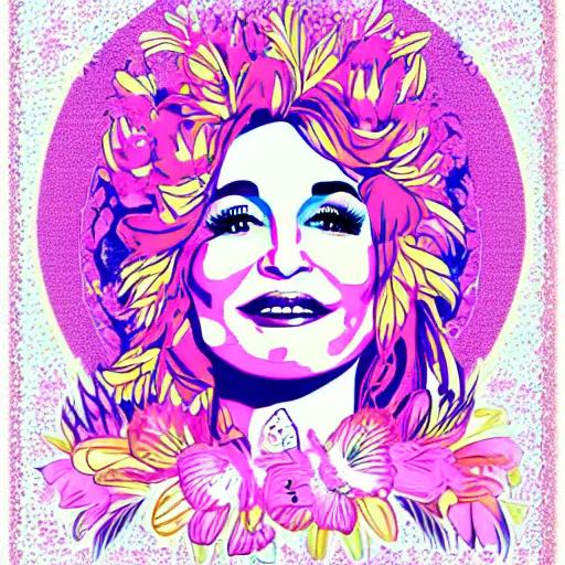 Prompt: flower child, Dolly Parton, graphic design, pink, psychedelic