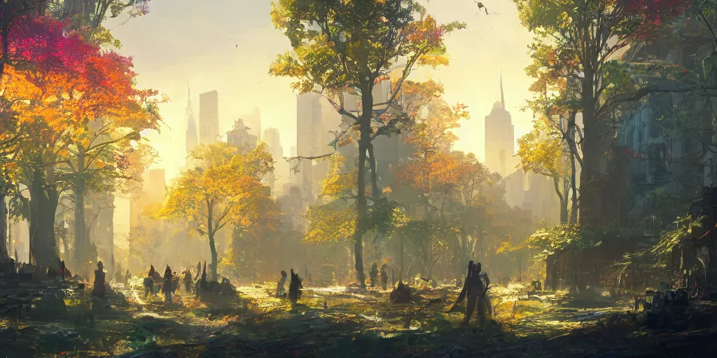 Image similar to a fantasy solarpunk new york city, landscape illustration by greg rutkowski, bright sunlight, sun glints, vivid and colorful trees and plants and flowers, smooth digital concept art, 4 k, trending on artstation