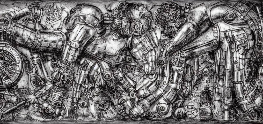 Image similar to mechagodzilla, steampunk automaton, mechanical, renaissance style drawing, alchmical sketch, mutant, detiled, clockwork, 4 k, fineart, anatomy of a machine, sketch by leonardo da vinci