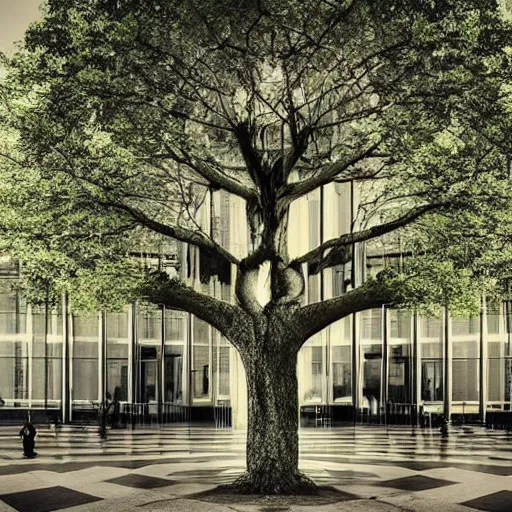 Prompt: a beautiful tree growing in the middle of a library. striking image, beautiful scene. photo-realistic