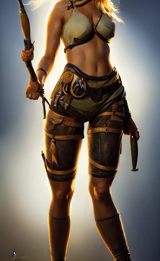 Image similar to full body character art of beautiful female huntress, pretty face, symmetrical features, short blonde hair, by james gurney, volumetric lighting, detailed, oil painting