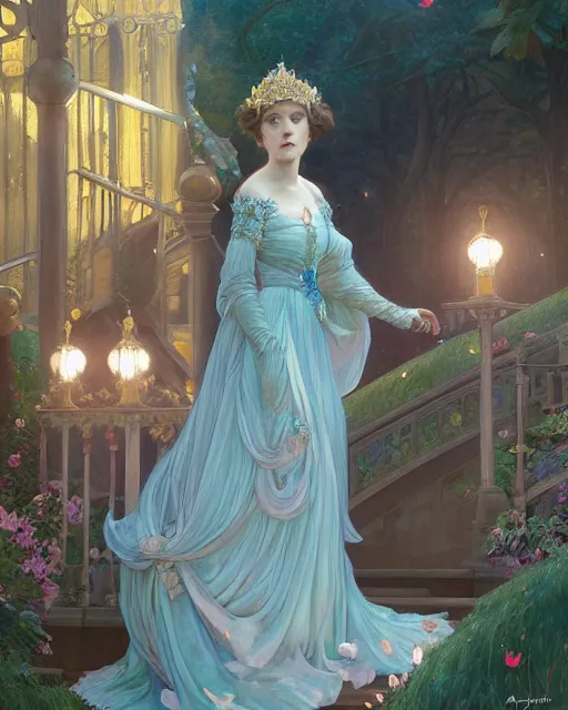 Image similar to a beautiful painting of a shy, blushing princess in a tiara and an iridescent art nouveau gown resembling millie bobby brown watching the lantern festival, intricate, elegant, highly detailed, digital painting, artstation, concept art, by krenz cushart and artem demura and william adolph bouguereau and alphonse mucha