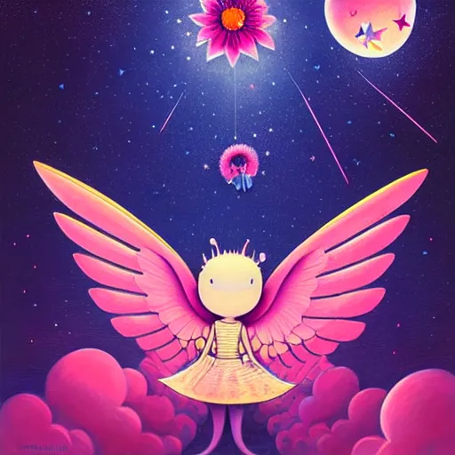 Image similar to abstract miraculous creature, giant wings, pink, flower blossoms, stars, night sky, hyper detailed, kawaii, by jacek yerka, lewandowski, hopper and gilleard, ryden, wolfgang lettl, hints of yayoi kasuma