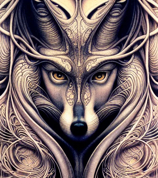 Image similar to detailed realistic beautiful coyote goddess face portrait by jean delville, gustave dore, iris van herpen and marco mazzoni, art forms of nature by ernst haeckel, art nouveau, symbolist, visionary, gothic, neo - gothic, pre - raphaelite, fractal lace, intricate alien botanicals, ai biodiversity, surreality, hyperdetailed ultrasharp octane render