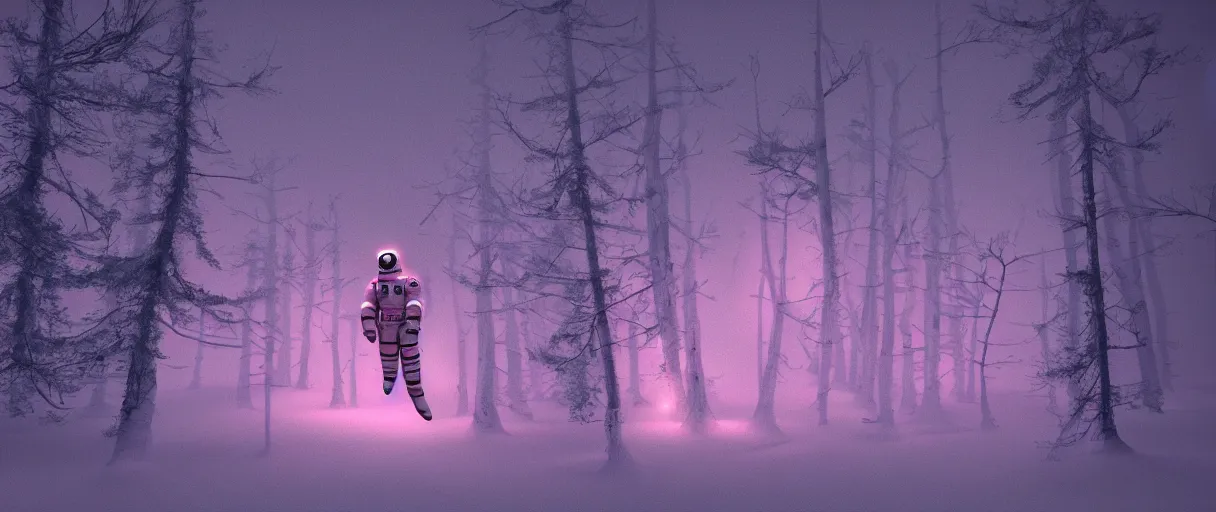 Prompt: close - up shot of flying body of space astronaut in weightlessness inside siberian snow forest, small foggy and gloomy, pink lights, bokeh background, highly detailed science fiction illustration by jeremy geddes. photorealistic, octane render, hyper detailed, 8 k, movie still, artstation, unreal engine