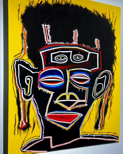 Image similar to A extremely ultra highly detailed majestic hi-res beautiful immaculate head and shoulders award winning painting stunning masterpiece of the face of a ultra highly detailed strong black ultra detailed African mask portrait by Jean-Michel Basquiat, 8k, high textures, ultra hyper sharp, insanely detailed and intricate, super detailed, 8k HDR ultra high quality