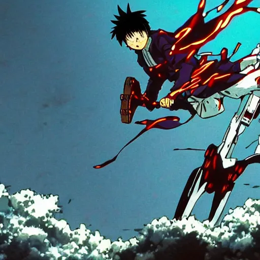 Image similar to an anime image in the style of akira, with a character leaping through the air, striking at a huge bat robot.