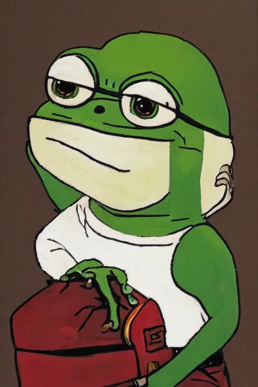 Image similar to pepe the frog on his way to school, painted by norman rockwell