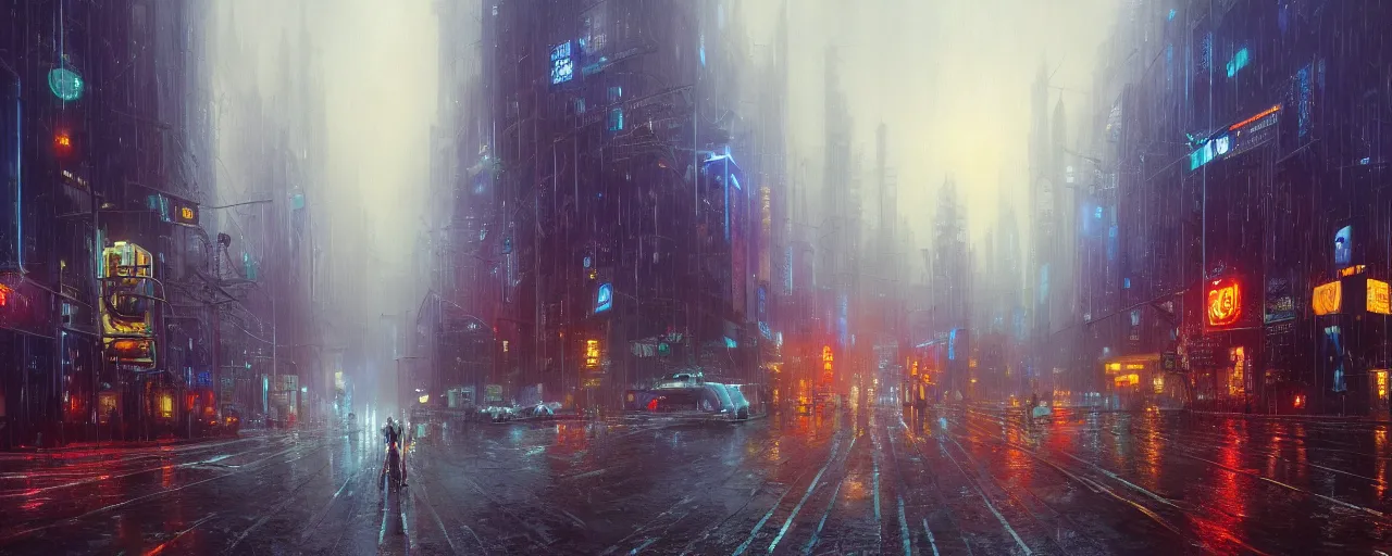 Prompt: raining cyberpunk city, highly detailed oil painting, unreal 5 render, rhads, Bruce Pennington, tim hildebrandt, digital art, octane render, beautiful composition, trending on artstation, award-winning photograph, masterpiece