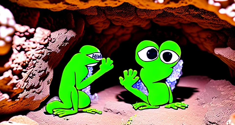 Image similar to pepe in a cave digging crystals