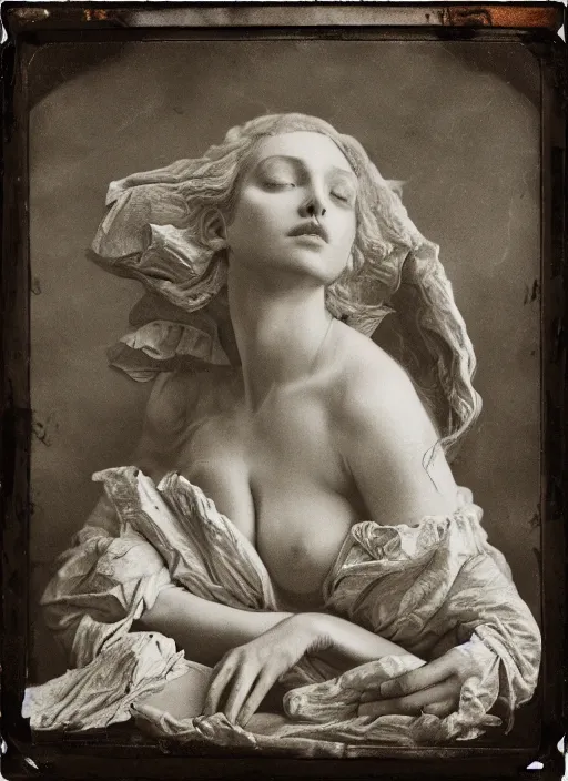 Image similar to old wetplate daguerreotype birth of venus in times of cholera, fractal, intricate, elegant, highly detailed, parallax, leica, medium format, subsurface scattering, by jheronimus bosch and greg rutkowski and louis jacques mande daguerre