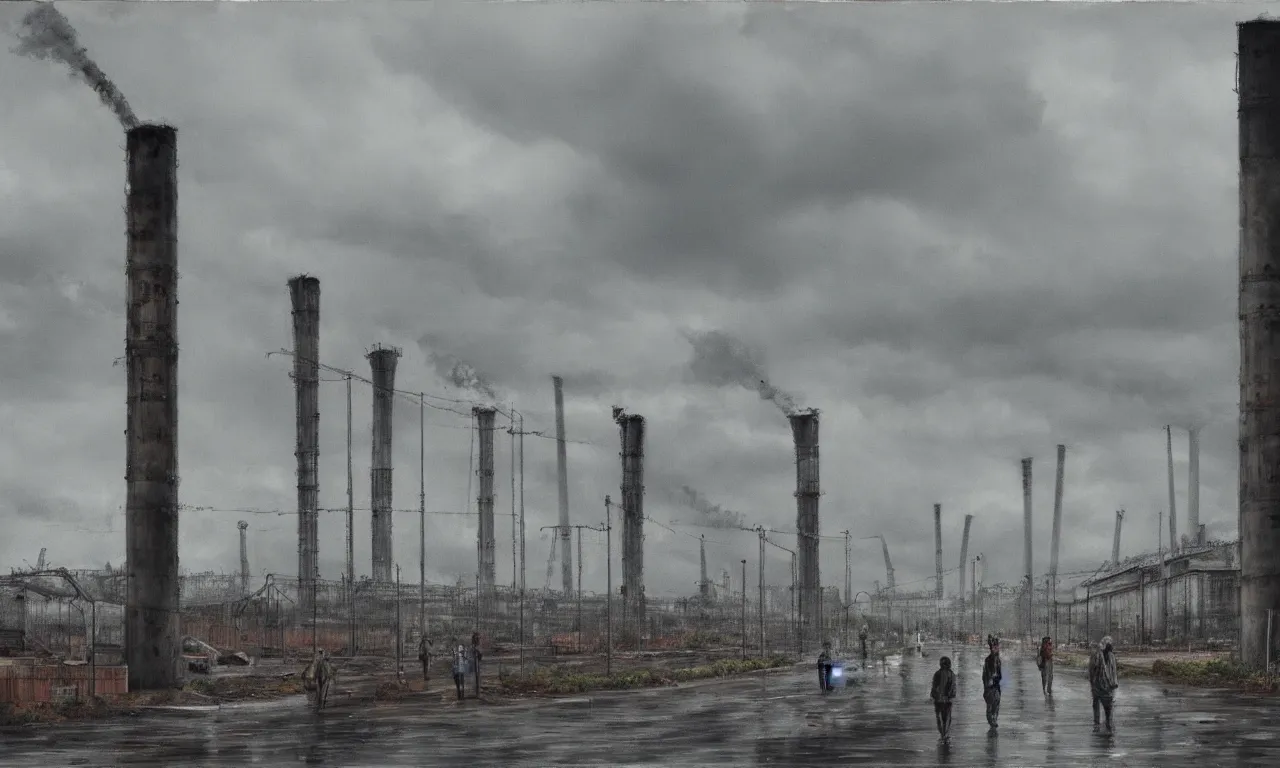 Prompt: a long column of prisoners wonder through a bombed out industrial park; grey skies , rain , a cloud of butterflies floats around a smokestack. painting , realism,