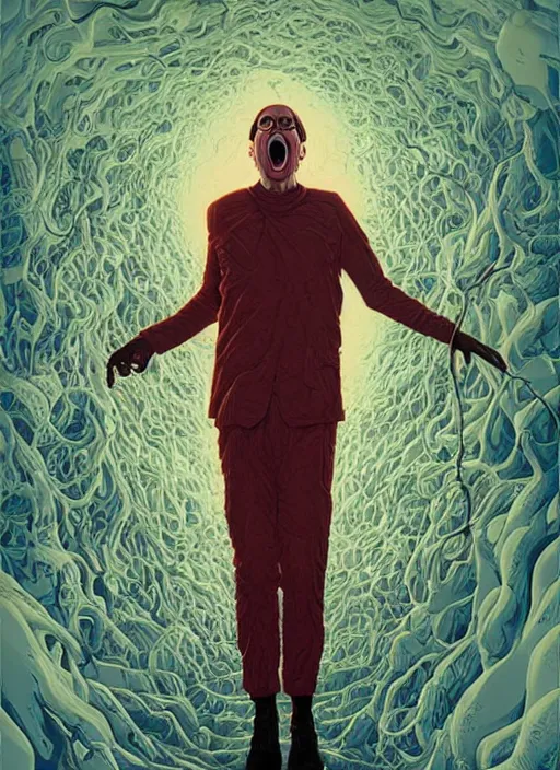 Prompt: poster artwork by Michael Whelan and Tomer Hanuka, Karol Bak of Dwight Schrute screaming due to his mind expanding too much, from scene from The Office, clean, simple illustration, nostalgic, domestic, full of details