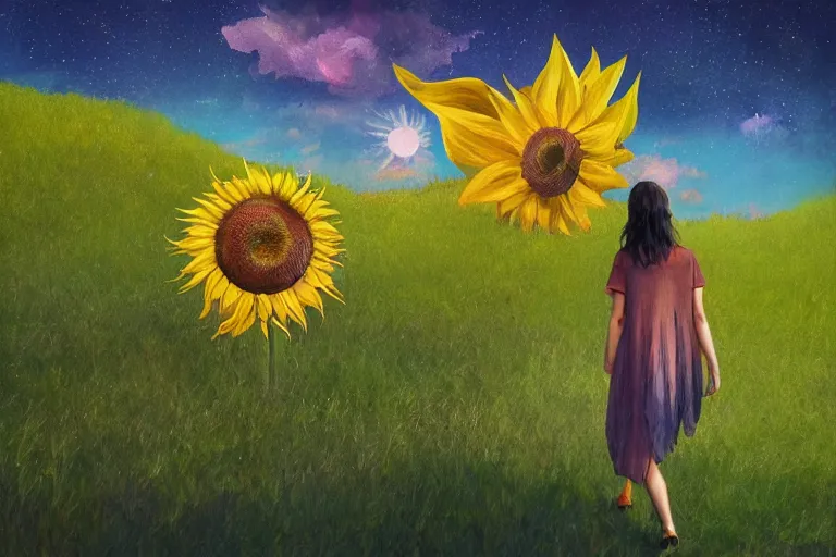 Image similar to giant sunflower as a head, girl walking between trees, hills, surreal photography, dark night, star trails, dramatic light, impressionist painting, clouds, digital painting, artstation, simon stalenhag