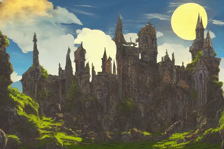 Prompt: cinematic fantasy medieval castle with towers made of ominous dark stone, gigantic round structure in middle of courtyard, golden roof with stained glass windows, sky-blue sun shining down on the top, mountains surrounding, dusk or evening, magical, full color, cinematic, studio ghibli inspired