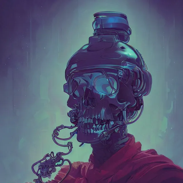 Image similar to a beautiful portrait painting of a ( ( cyberpunk ) ) skull by simon stalenhag and pascal blanche! and alphonse mucha! and nekro. in style of digital art. colorful comic, film noir, symmetry, hyper detailed. octane render. trending on artstation