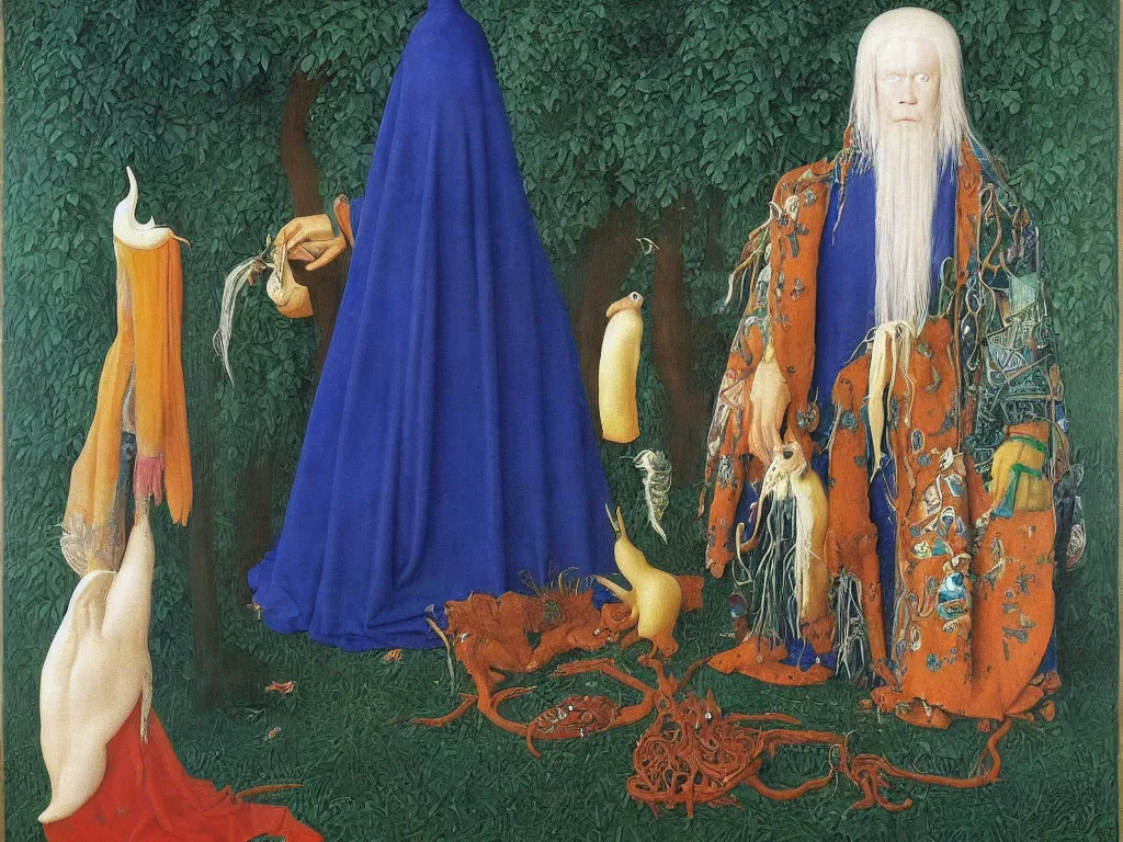 Image similar to Portrait of albino mystic with blue eyes, with exotic beautiful giant leeches. Painting by Jan van Eyck, Audubon, Rene Magritte, Agnes Pelton, Max Ernst, Walton Ford