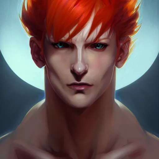 Image similar to portrait of hisoka morow hunter hunter, male, sharp jaw yellow eyes small eyes red hair crimson medium length hair, anime, fantasy, intricate, elegant, highly detailed, digital painting, artstation, concept art, matte, sharp focus, illustration, art by artgerm and greg rutkowski and alphonse mucha