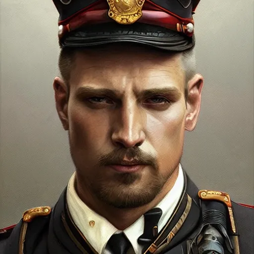 Prompt: Beautiful portrait of a Caucasian male police officer, wide angle, intricate, wild, highly detailed, digital painting, artstation, concept art, smooth, sharp focus, illustration, art by artgerm and greg rutkowski and alphonse mucha - W 768