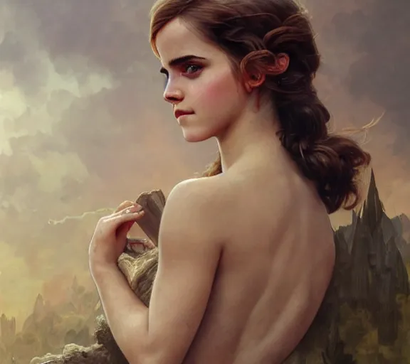 Image similar to photography of emma watson with hands - up and hairy armpits, deep focus, intricate, elegant, highly detailed, digital painting, artstation, concept art, matte, sharp focus, illustration, art by artgerm and greg rutkowski and alphonse mucha and gil elvgren