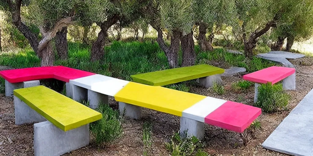 Prompt: creative concrete benches, colorful, olive trees, decking