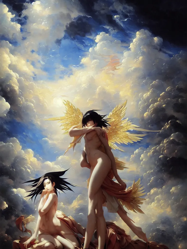 Image similar to baroque oil painting of key visual victoria secret angels, clouds, brutalist fantasy, rule of thirds golden ratio, fake detail, trending pixiv fanbox, acrylic palette knife, style of makoto shinkai takashi takeuchi yoshiyuki sadamoto